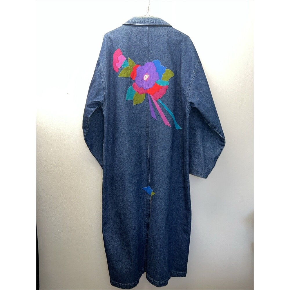 Vintage 90s DA Dominion Apparel Denim Duster Coat Floral Appliqué Boho‎ Large